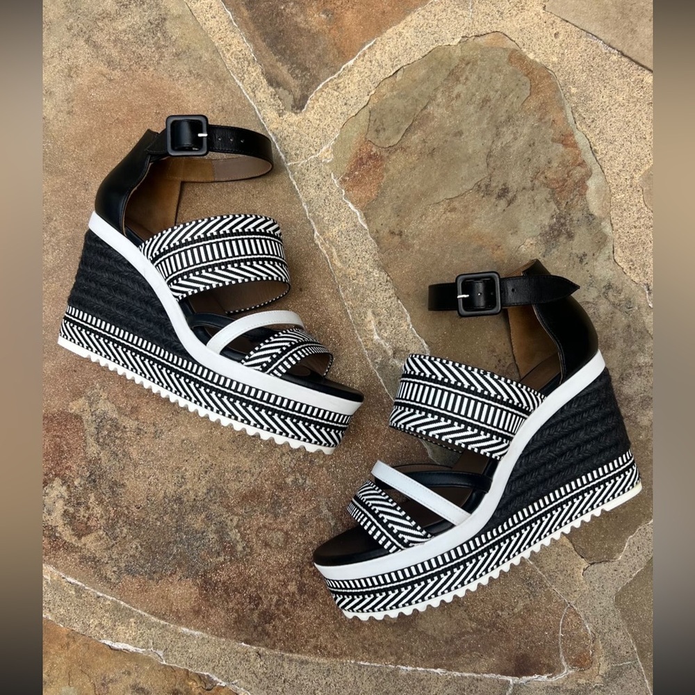 Hermes Women's Roma Wedge Espadrille Sandals
Leather and Canvas Black and white